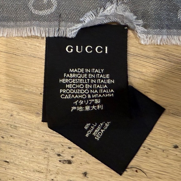 GUCCI Wool Silk Monogram GGWeblong Fringe Scarf Shawl “Pearl Medium Grey” - Picture 9 of 9